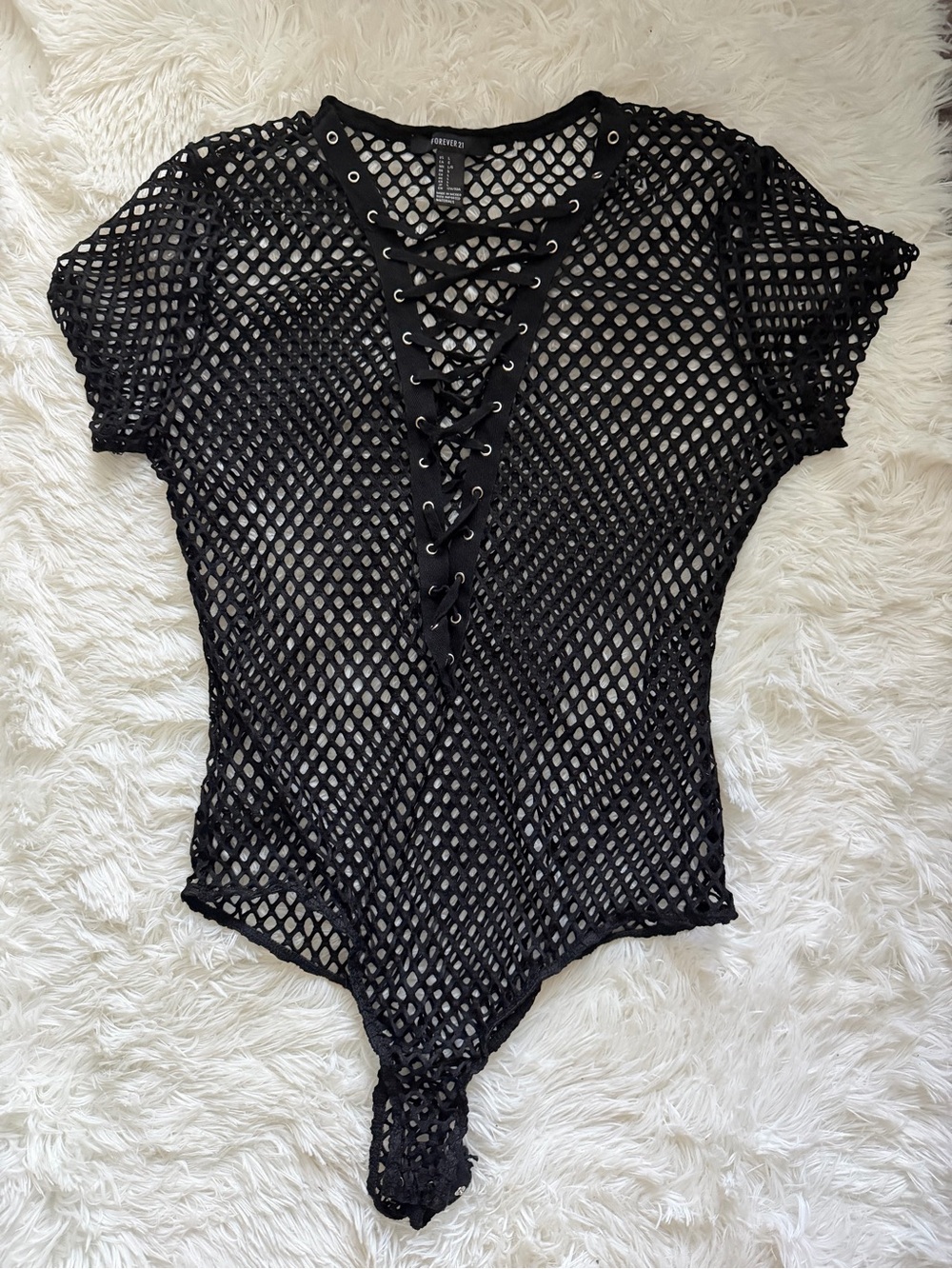 Forever 21 Black Lace-Up Fishnet Bodysuit